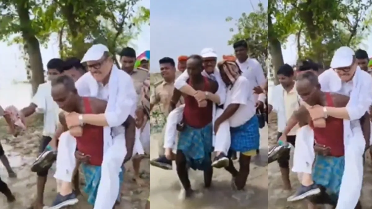 ग्रामीणों की पीठ पर सवार होकर बाढ़ निरीक्षण करते दिखे कांग्रेस सांसद तारिक अनवर