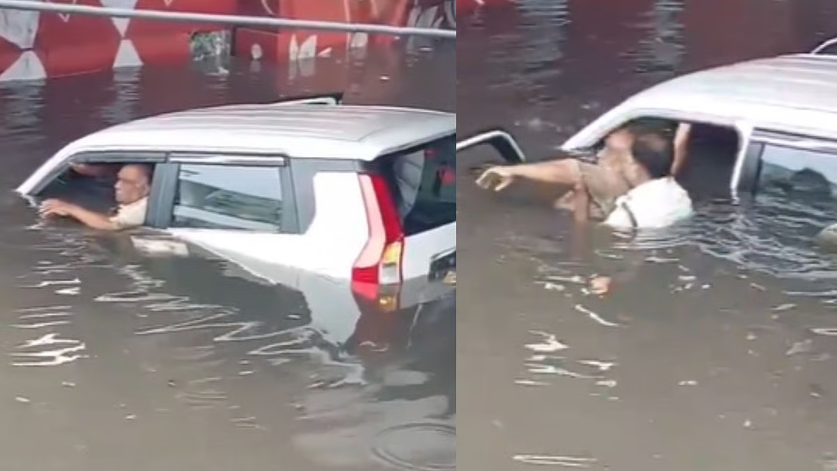 मथुरा में ओवरब्रिज के नीचे जमा पानी में डूबी कार, ट्रैफिक पुलिस ने बहादुरी दिखाकर बचाई जान वीडियो वायरल